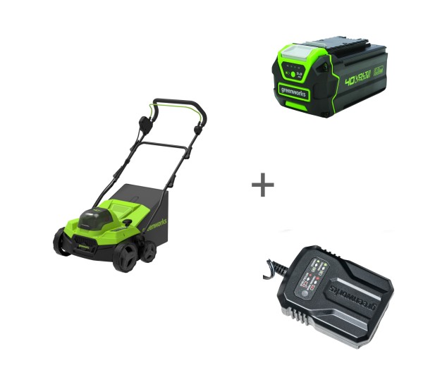 Комплект: Аэратор скарификатор аккумуляторный GREENWORKS GD40SC38II 40v без АКБ и ЗУ + Аккумулятор G40B5, 40 В, 5 А.ч + Зарядное устройство-слайдер G40UCM2M