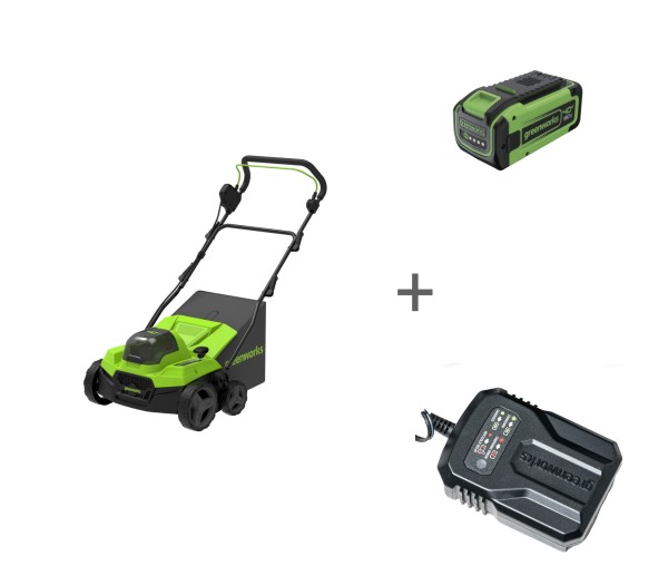 Комплект: Аэратор скарификатор аккумуляторный GREENWORKS GD40SC38II 40v без АКБ и ЗУ + Аккумулятор G40B8 + Зарядное устройство-слайдер G40UCM2M
