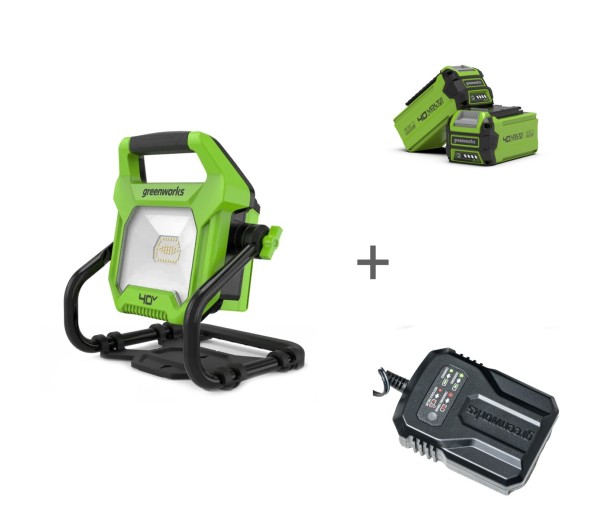 Комплект: Фонарь аккумуляторный LED 40V/220V GREENWORK G40WLH без АКБ и ЗУ + Аккумулятор G-MAX 40V + Зарядное устройство-слайдер G40UCM2M