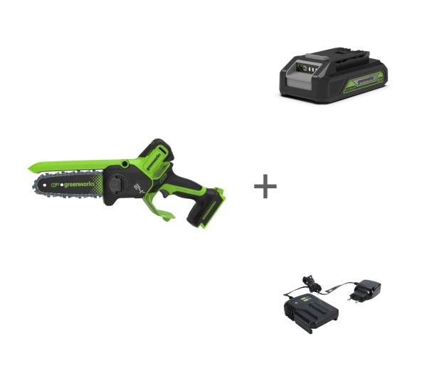Комплект: Пила цепная аккумуляторная GREENWORKS GD24CS15 24V без АКБ и ЗУ мини + Аккумулятор G24B2 + Зарядное устройство G24UC2, 24 В