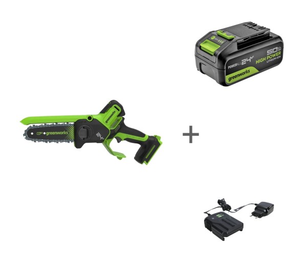 Комплект: Пила цепная аккумуляторная GREENWORKS GD24CS15 24V без АКБ и ЗУ мини + Аккумулятор G24HP5 + Зарядное устройство G24UC2, 24 В