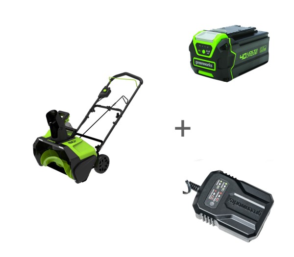 Комплект: Снегоуборщик аккумуляторный 40V GREENWORKS GD40ST40, без АКБ и ЗУ + Аккумулятор, 40 В, 5 А.ч + Зарядное устройство-слайдер