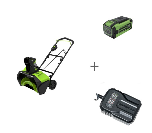 Комплект: Снегоуборщик аккумуляторный 40V GREENWORKS GD40ST40, без АКБ и ЗУ + Аккумулятор G40B8 + Зарядное устройство-слайдер