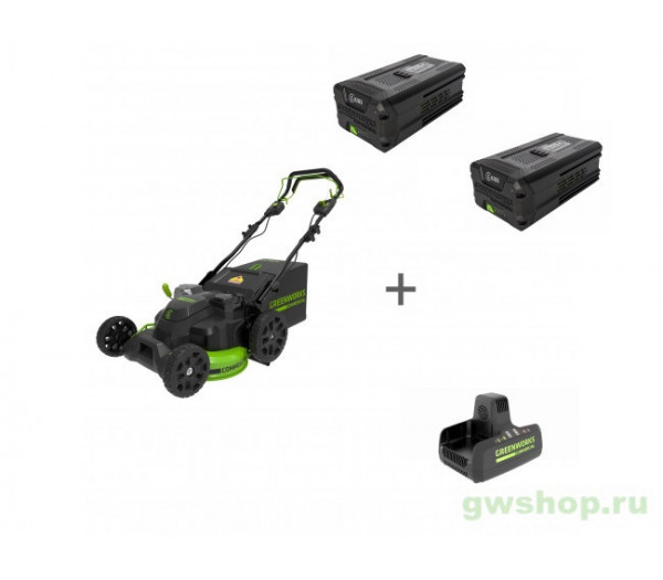 Комплект: Газонокосилка аккумуляторная GREENWORKS TwinForce 82V + 2 Аккумулятора G82B5 + Зарядное устройство G82C2