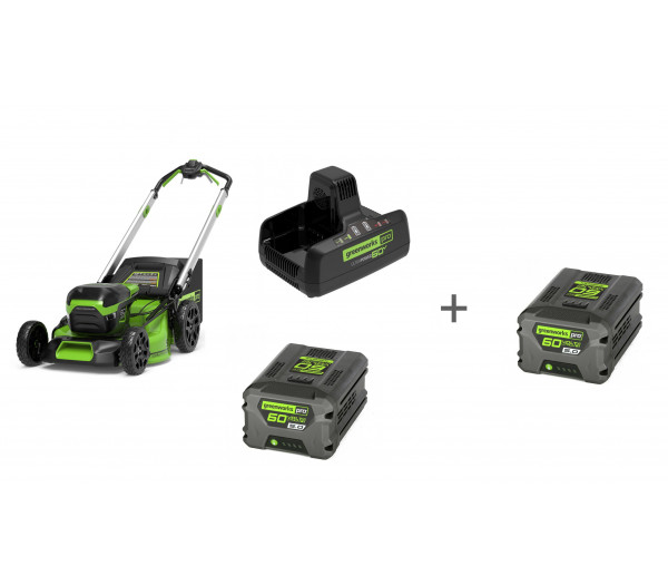 Комплект: Газонокосилка самоходная аккумуляторная 60V GREENWORKS GD60LM51SP, З/У G60DC10, Аккумулятор G60B5 60V + 2й АКБ в подарок