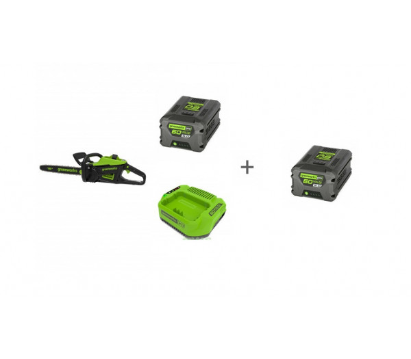 Комплект: Пила цепная аккумуляторная GREENWORKS GD60CS25 60V без АКБ и ЗУ, Аккумулятор G60B5 60V, Зарядное устройство G60C + 2й АКБ в подарок