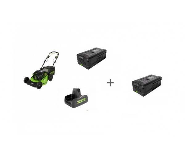 Комплект: Газонокосилка самоходная аккумуляторная 82V GREENWORKS GC82LM51SP2, Зарядное устройство, Аккумулятор GD-82 + 2й АКБ в подарок