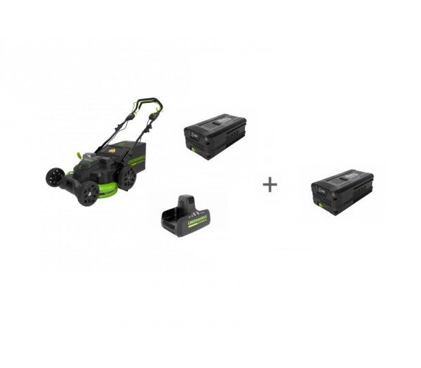 Комплект: Газонокосилка аккумуляторная GREENWORKS TwinForce 82V, Зарядное устройство G82C2, Аккумулятор GD-82 + 2й АКБ в подарок