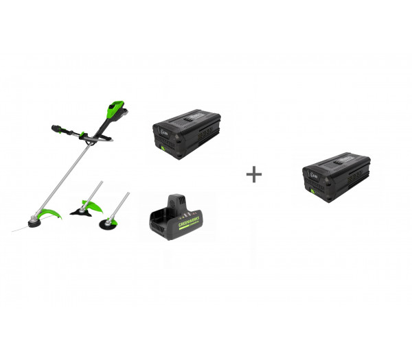 Комплект: Аккумуляторный триммер Greenworks TB201H, 82V, Зарядное устройство G82C2, Аккумулятор G82B5 + 2й АКБ в подарок