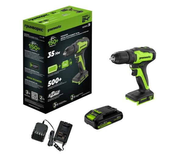 Дрель-шуруповерт аккумуляторный Greenworks GD24DD35 24V, с 1 АКБ 2Ач и ЗУ