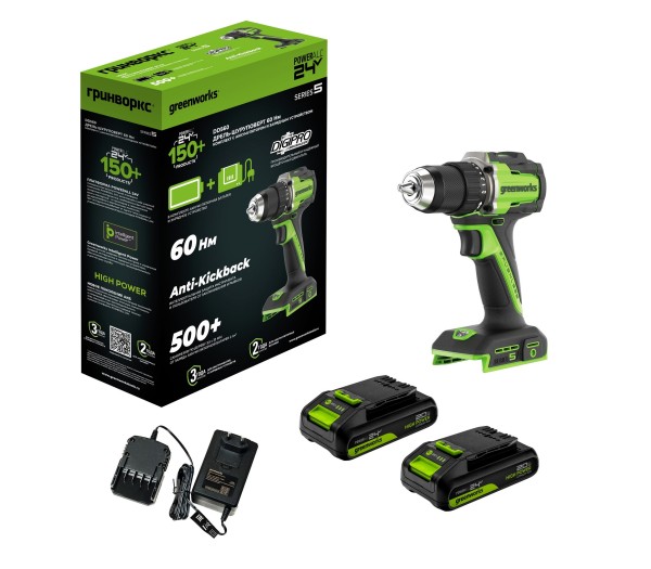 Дрель-шуруповерт аккумуляторный Greenworks DD560 24V, с 2 АКБ 2Ач и ЗУ Дрель-шуруповерт аккумуляторный Greenworks DD560 24V, с 2 АКБ 2Ач и ЗУ