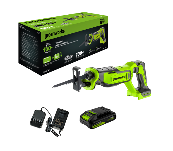 Пила сабельная аккумуляторная Greenworks GPT-BLRS-1 24V, с 1 АКБ 2Ач и ЗУ