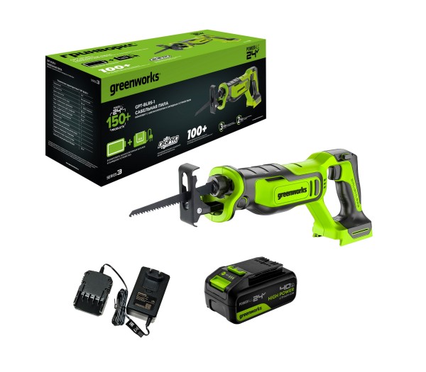 Пила сабельная аккумуляторная Greenworks GPT-BLRS-1 24V, с 1 АКБ 4Ач и ЗУ