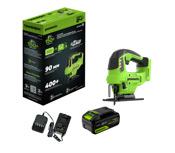 Лобзик аккумуляторный GREENWORKS GD24JS90 24V, с 1 АКБ 4Ач и ЗУ