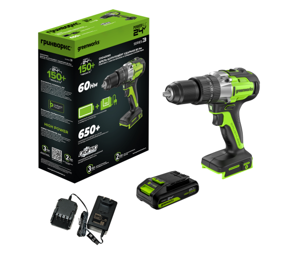 Дрель-шуруповерт ударная аккумуляторная Greenworks GD24DD60 24V, с 1 АКБ 2Ач и ЗУ