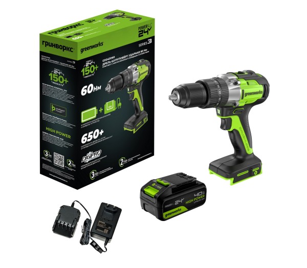 Дрель-шуруповерт ударная аккумуляторная Greenworks GD24DD60 24V, с 1 АКБ 4Ач и ЗУ