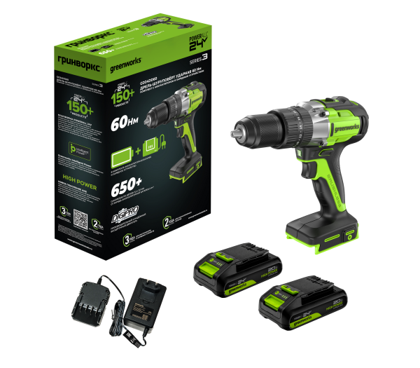 Дрель-шуруповерт ударная аккумуляторная Greenworks GD24DD60 24V, с 2 АКБ 2Ач и ЗУ