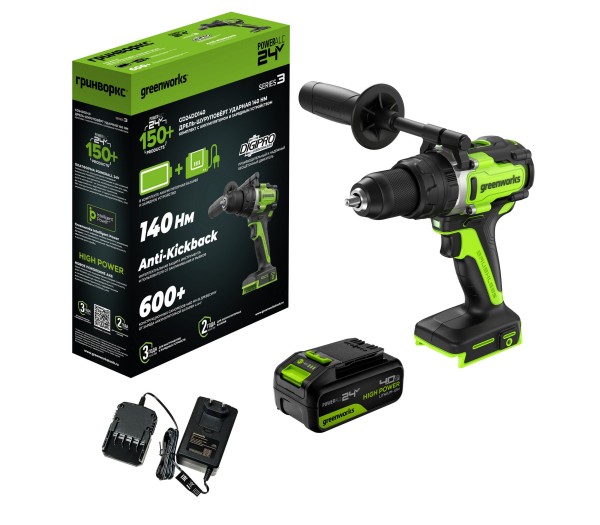 Дрель-шуруповерт ударная аккумуляторная Greenworks GD24DD140 24V, с 1 АКБ 4Ач и ЗУ