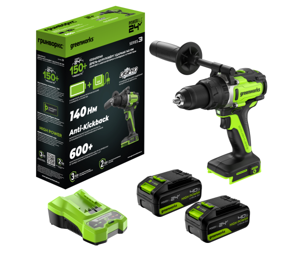 Дрель-шуруповерт ударная аккумуляторная Greenworks GD24DD140 24V, с 2 АКБ 4Ач и ЗУ
