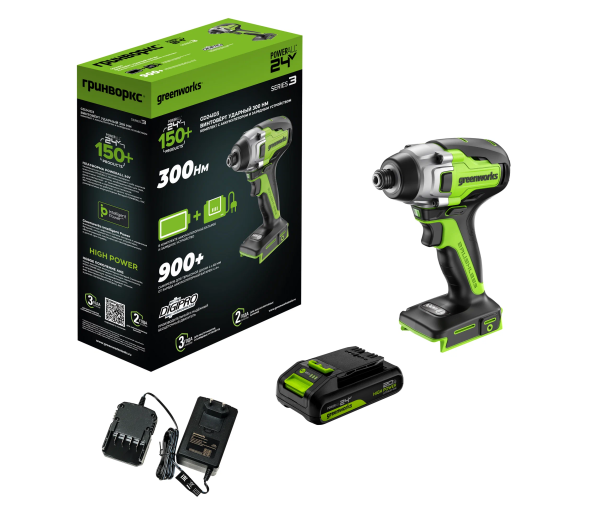 Винтоверт ударный аккумуляторный GREENWORKS GD24ID3 24V, с 1 АКБ 2Ач и ЗУ