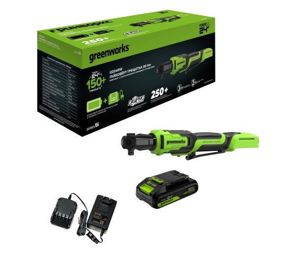 Гайковерт-трещотка аккумуляторный Greenworks GD24RW 24V, с 1 АКБ 2Ач и ЗУ