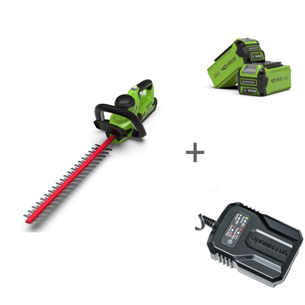 Комплект: Кусторез аккумуляторный G-MAX 40V GREENWORKS G40HT61 + Аккумулятор G-MAX 40V + Зарядное устройство-слайдер G40UCM2M