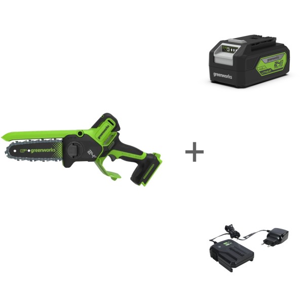 Комплект: Пила цепная аккумуляторная GREENWORKS GD24CS15 24V без АКБ и ЗУ мини + Аккумулятор G24B4 + Зарядное устройствоG24UC2, 24 В