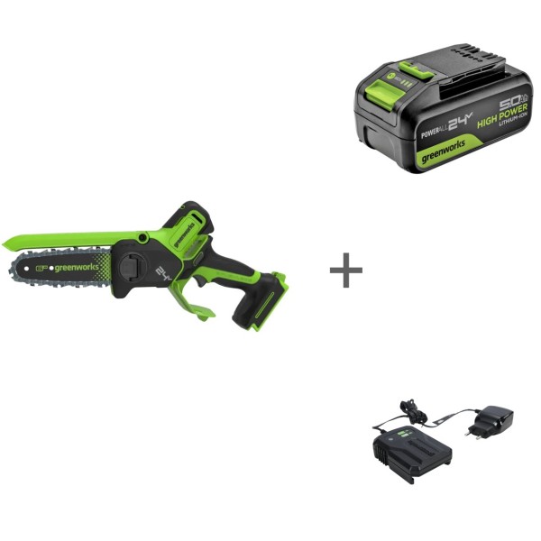 Комплект: Пила цепная аккумуляторная GREENWORKS GD24CS15 24V без АКБ и ЗУ мини + Аккумулятор G24HP5 + Зарядное устройство G24UC2, 24 В