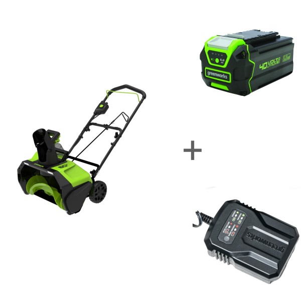Комплект: Снегоуборщик аккумуляторный 40V GREENWORKS GD40ST40, без АКБ и ЗУ + Аккумулятор, 40 В, 5 А.ч + Зарядное устройство-слайдер Комплект: Снегоуборщик аккумуляторный 40V GREENWORKS GD40ST40, без АКБ и ЗУ + Аккумулятор, 40 В, 5 А.ч + Зарядное устройство-слайдер