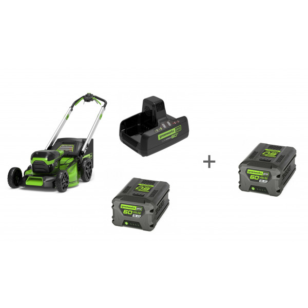 Комплект: Газонокосилка самоходная аккумуляторная 60V GREENWORKS GD60LM51SP, З/У G60DC10, Аккумулятор G60B5 60V + 2й АКБ в подарок