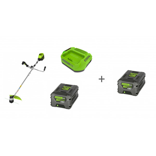 Комплект: Триммер аккумуляторный 60V GREENWORKS GD60BCB, Зарядное устройство, Аккумулятор G60B5 60V + 2й АКБ в подарок