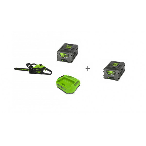 Комплект: Пила цепная аккумуляторная GREENWORKS GD60CS25 60V без АКБ и ЗУ, Аккумулятор G60B5 60V, Зарядное устройство G60C + 2й АКБ в подарок