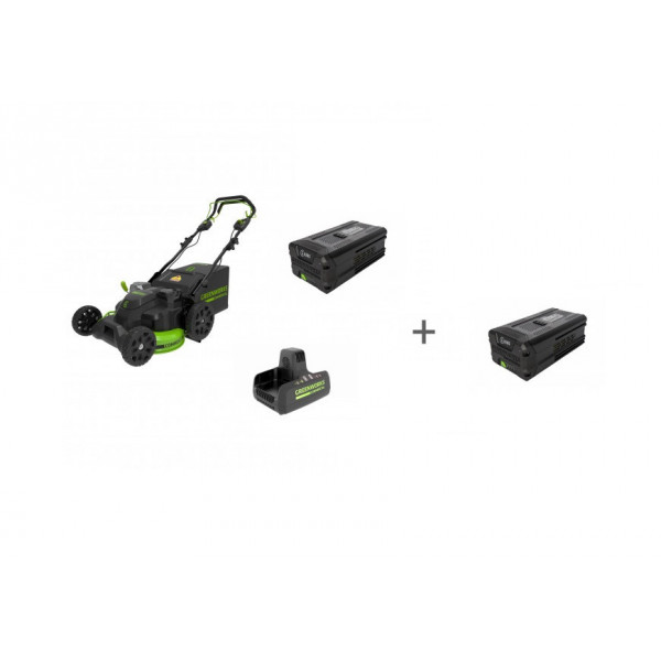 Комплект: Газонокосилка аккумуляторная GREENWORKS TwinForce 82V, Зарядное устройство G82C2, Аккумулятор GD-82 + 2й АКБ в подарок