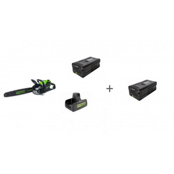 Комплект: Пила цепная аккумуляторная GD-82 82V GREENWORKS GD82CS51, Зарядное устройство G82C2, Аккумулятор G82B5 + 2й АКБ в подарок