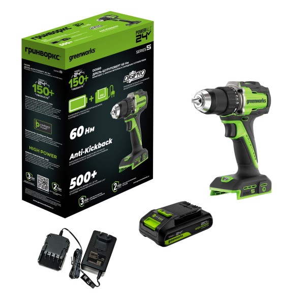 Дрель-шуруповерт аккумуляторный Greenworks DD560 24V, с 1 АКБ 2Ач и ЗУ