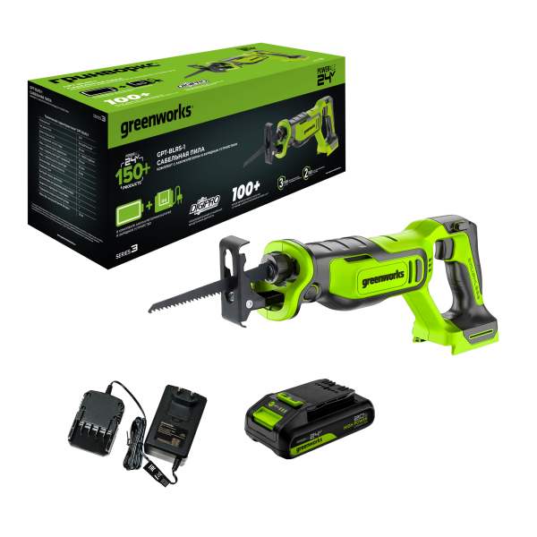 Пила сабельная аккумуляторная Greenworks GPT-BLRS-1 24V, с 1 АКБ 2Ач и ЗУ