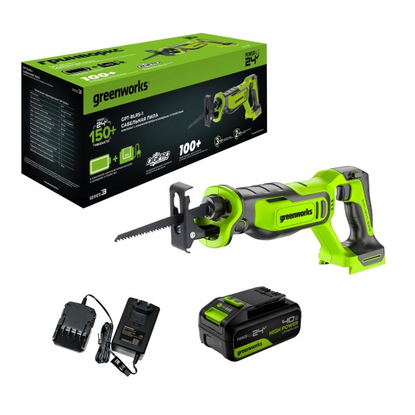 Пила сабельная аккумуляторная Greenworks GPT-BLRS-1 24V, с 1 АКБ 4Ач и ЗУ