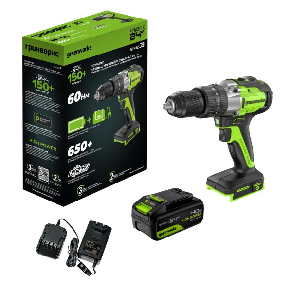 Дрель-шуруповерт ударная аккумуляторная Greenworks GD24DD60 24V, с 1 АКБ 4Ач и ЗУ