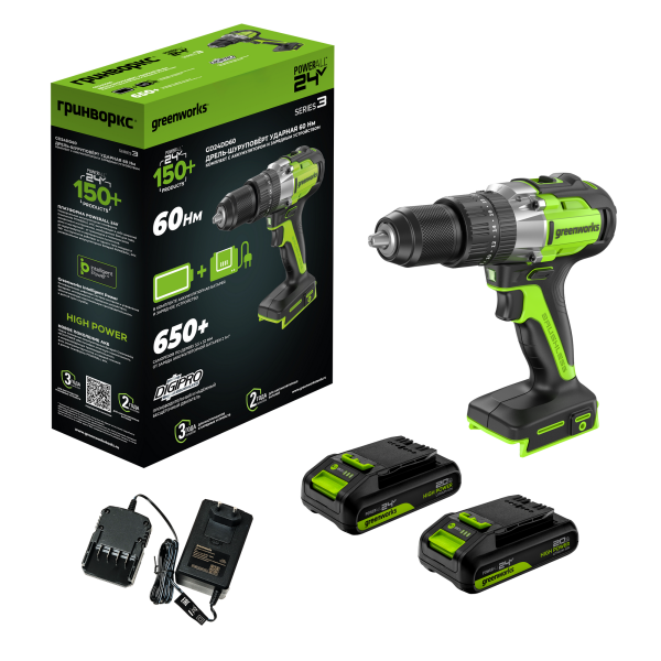 Дрель-шуруповерт ударная аккумуляторная Greenworks GD24DD60 24V, с 2 АКБ 2Ач и ЗУ