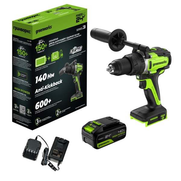Дрель-шуруповерт ударная аккумуляторная Greenworks GD24DD140 24V, с 1 АКБ 4Ач и ЗУ