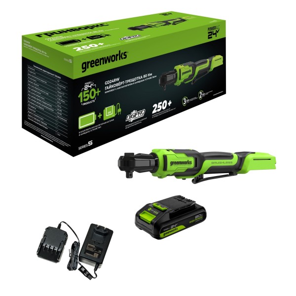 Гайковерт-трещотка аккумуляторный Greenworks GD24RW 24V, с 1 АКБ 2Ач и ЗУ