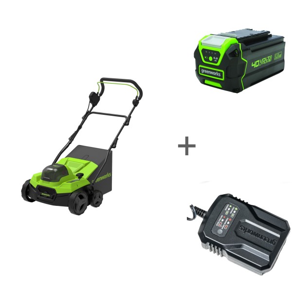 Комплект: Аэратор скарификатор аккумуляторный GREENWORKS GD40SC38II 40v без АКБ и ЗУ + Аккумулятор G40B5, 40 В, 5 А.ч + Зарядное устройство-слайдер G40UCM2M