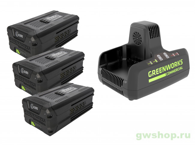 Комплект GREENWORKS три аккумулятора GD-82 82V G82B5 и зарядное устройство на 2 слота G82C2 82V